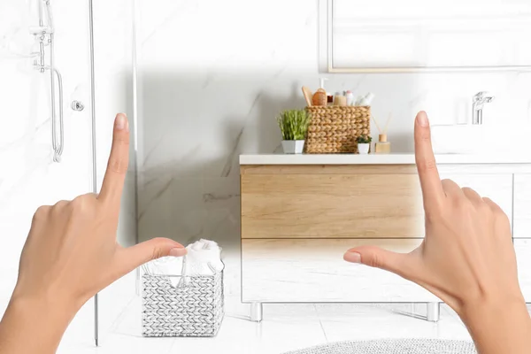 Woman Showing Frame Gesture Making Bathroom Real Out Drawing — Stock Photo, Image