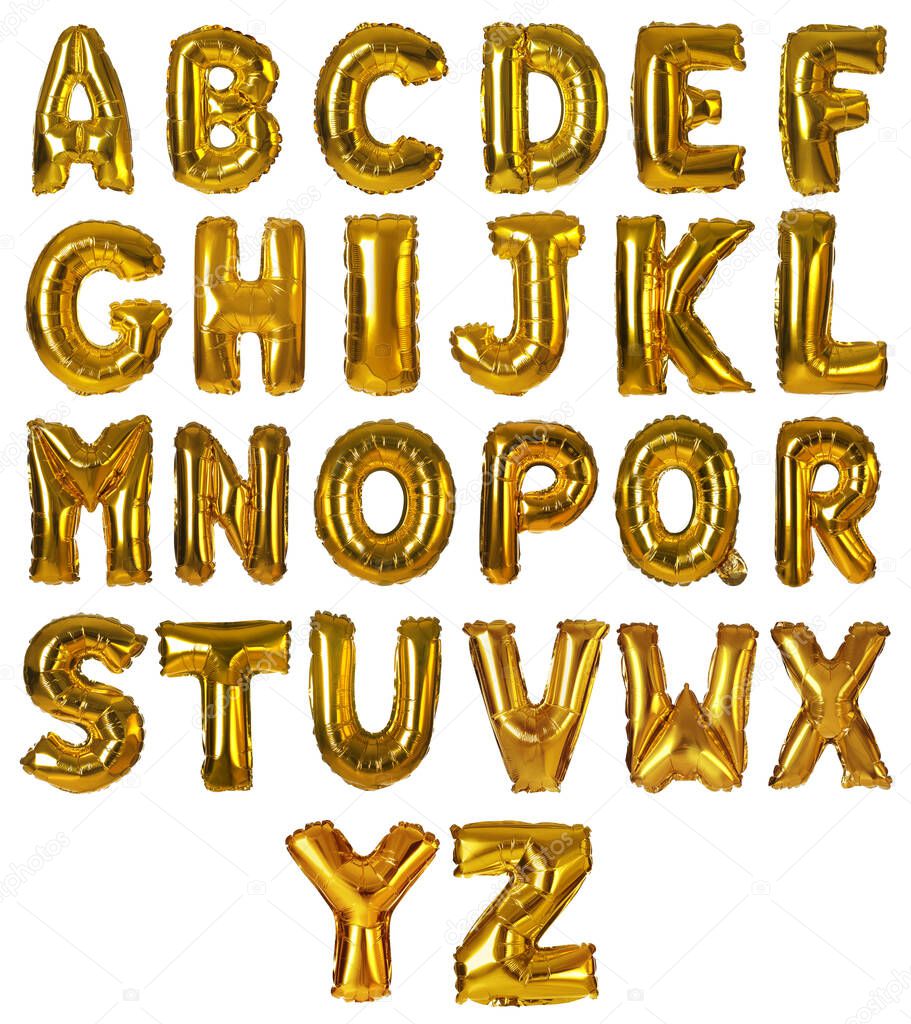Set with golden foil balloons in shape of letters on white background