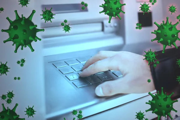 Använd Bankomat Försiktigt Utbrottet Coronavirus Man Tar Pengar Vid Bankomaten — Stockfoto