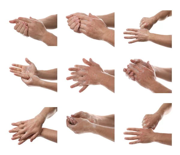 Collage People Washing Hands Soap White Background Closeup — Stock Photo, Image