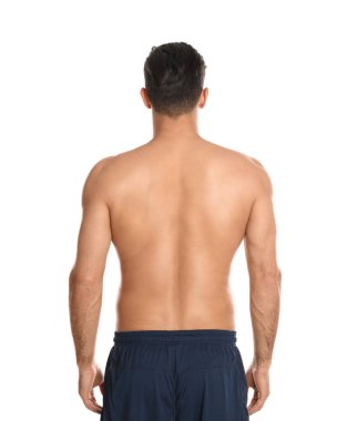 Man with healthy back on white background. Visiting orthopedist clipart