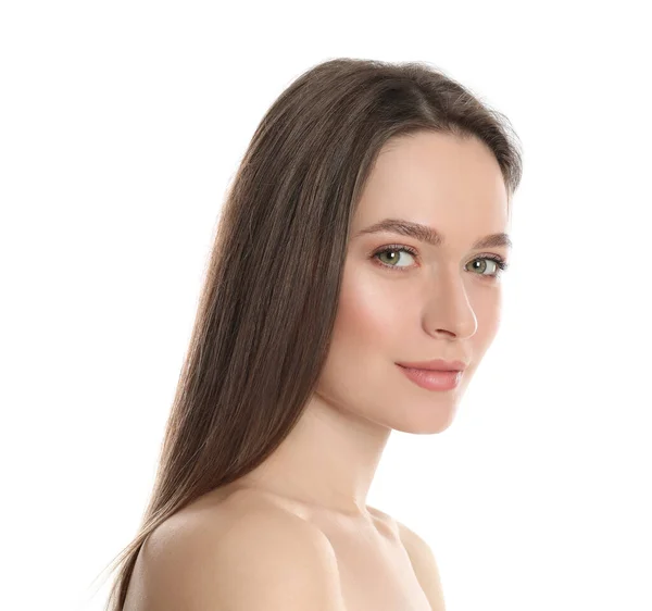 Retrato Mulher Jovem Com Rosto Bonito Fundo Branco — Fotografia de Stock