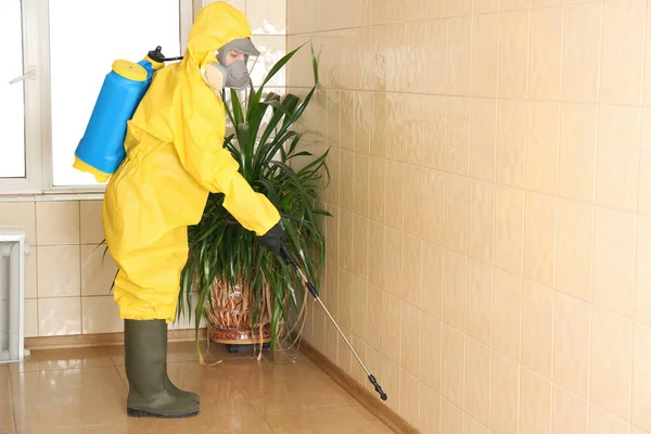 Trabalhador Controle Pragas Pulverizando Pesticidas Parede Dentro Casa Espaço Para — Fotografia de Stock