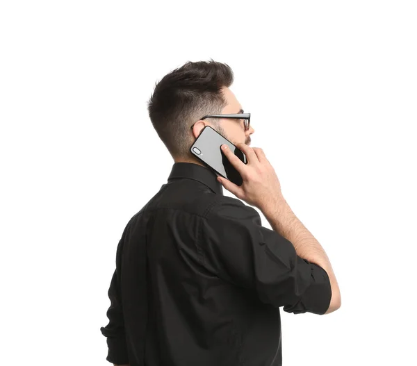 Young Businessman Talking Smartphone White Background — Stock Photo, Image