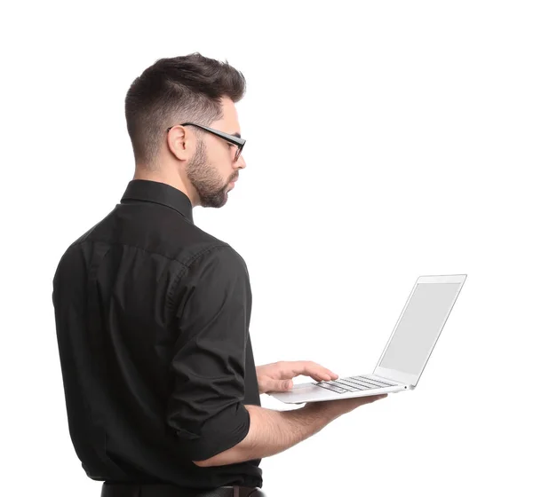 Jonge Zakenman Met Laptop Witte Achtergrond — Stockfoto