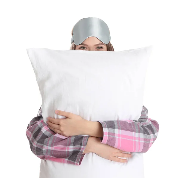 Young Woman Pillow Sleep Mask White Background — Stock Photo, Image