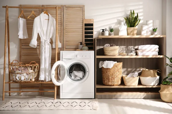 Modern Washing Machine Shelving Unit Laundry Room Interior — Stock Photo, Image