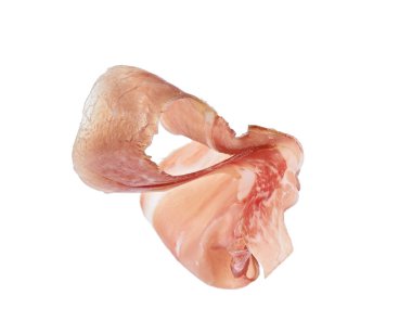 Beyaz üzerine izole edilmiş lezzetli jambon dilimi.