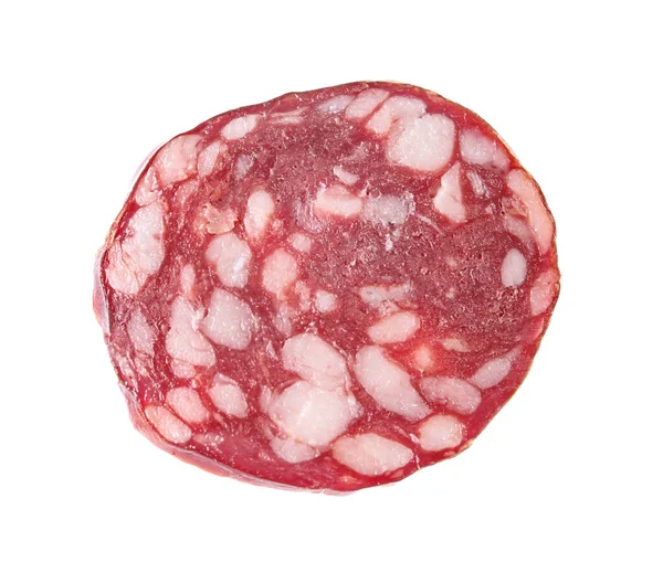 Tranche Délicieuse Saucisse Fumée Isolée Sur Blanc — Photo