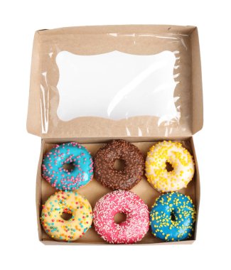 Karton kutunun içindeki lezzetli, jöleli çörekler beyaz, üstten görünüyor.