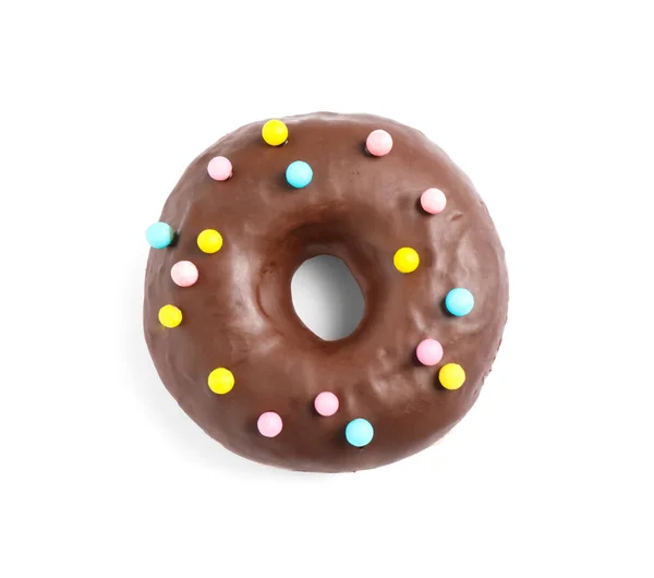 Doce Delicioso Donut Vitrificado Fundo Branco Vista Superior — Fotografia de Stock