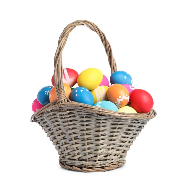 Basket Colorful Easter Eggs Isolated White — Stock Photo, Image