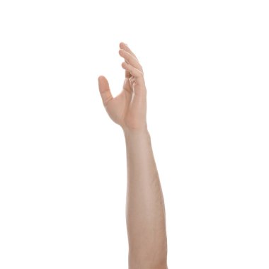 Beyaz arkaplanda elini uzatan adam, yakın plan