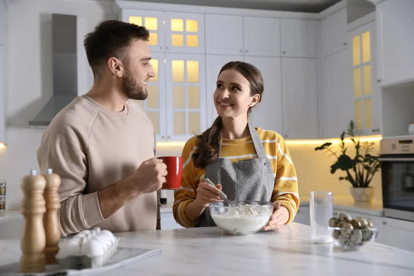Lovely Young Couple Cooking Dough Together Kitchen — Stock Photo, Image