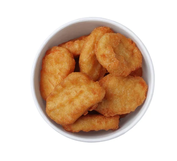 Emmer Met Lekkere Kipnuggets Geïsoleerd Wit Bovenaanzicht — Stockfoto