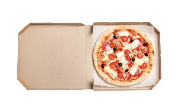 Вкусная Пицца Diablo Картонной Коробке Изолированная Белом Вид Сверху — стоковое фото