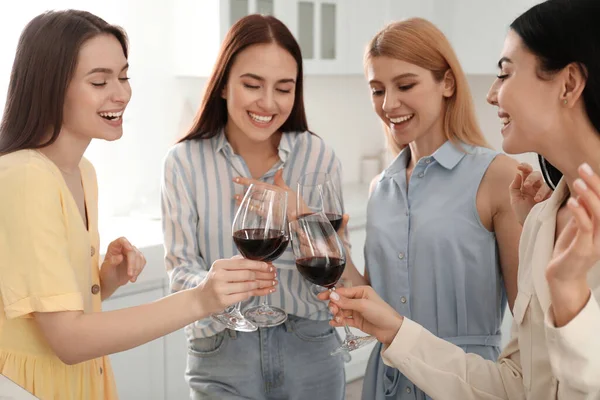 Beautiful Young Ladies Clinking Glasses Wine Kitchen Women Day — Stock Photo, Image
