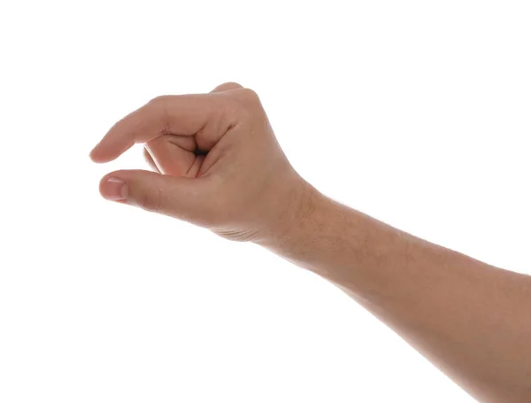 Homem Segurando Algo Contra Fundo Branco Close Mão — Fotografia de Stock