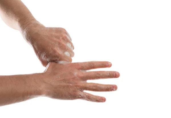 Mężczyzna Myje Ręce Mydłem Białym Tle Zbliżenie — Zdjęcie stockowe