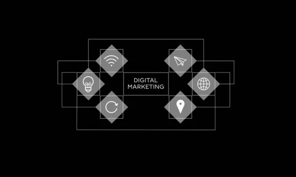 Digital marketing directions. Scheme with icons on black background