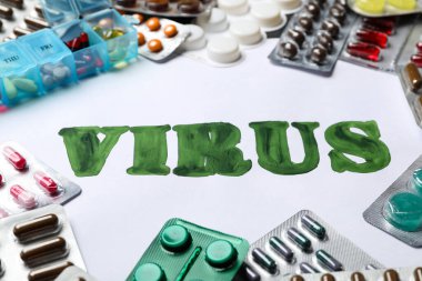 Kelime VIRUS ve beyaz arka planda birçok farklı hap, yakın plan
