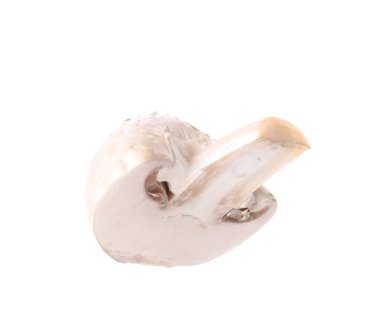 Bir parça taze şampiyon mantarı beyaza izole edilmiş.