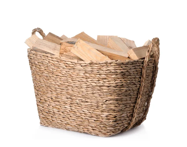 Wicker Basket Cut Firewood Isolated White — Stock Photo, Image