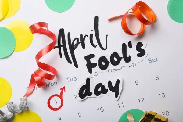 Phrase April Fool Day Decor Paper Calendar Flat Lay — стоковое фото