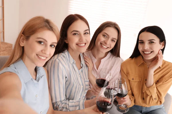 Beautiful Young Ladies Wine Taking Selfie Indoors Women Day — Stock Photo, Image