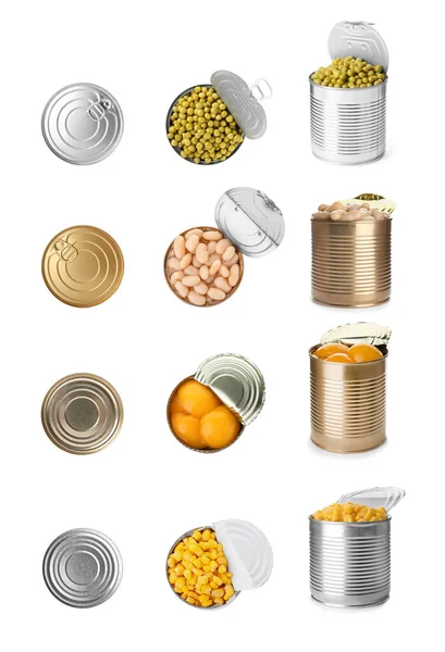 Σύνολο Διαφορετικών Κονσερβοποιημένων Τροφίμων Λευκό Φόντο — Φωτογραφία Αρχείου
