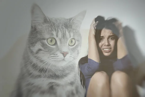 Frau Mit Adurophobie Auf Weißem Hintergrund Irrationale Angst Vor Katzen — Stockfoto