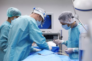 Profesyonel doktorlardan oluşan bir ekip ameliyathanede ameliyat yapıyor.