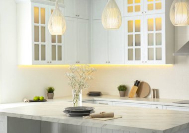 Yeni moda mobilyalarla dolu güzel bir mutfak.