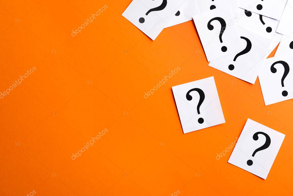 Paper notes with question marks on orange background, flat lay. Space for text