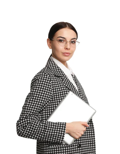 Junge Geschäftsfrau Mit Tablet Auf Weißem Hintergrund — Stockfoto