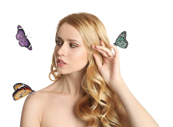 Vacker Ung Kvinna Och Fjärilar Vit Bakgrund — Stockfoto