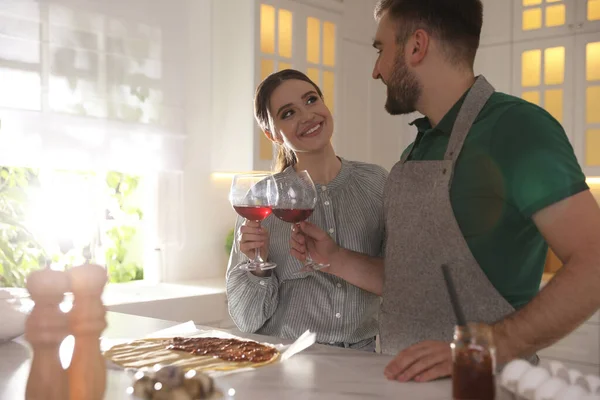 Lovely Young Couple Drinking Wine While Cooking Together Kitchen — Stock Photo, Image