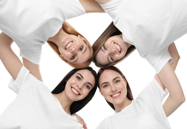 Beautiful Young Ladies Hugging White Background Bottom View Women Day — Stock Photo, Image