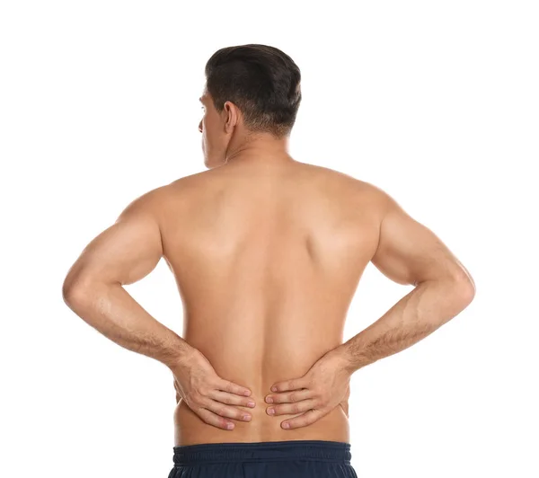 Man Suffering Lower Back Pain White Background Visiting Orthopedist — Stock Photo, Image