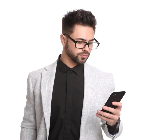 Ung Affärsman Med Smartphone Vit Bakgrund — Stockfoto