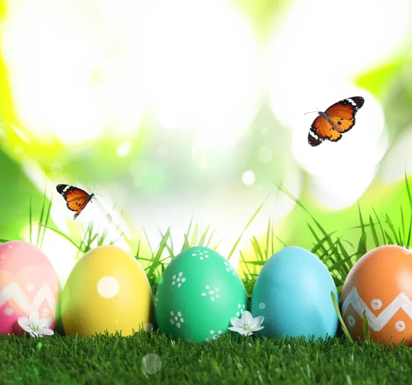 色彩斑斓的复活节彩蛋和淡绿色背景的蝴蝶 — 图库照片