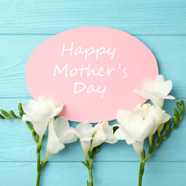Card Phrase Happy Mother Day Beautiful Flowers Light Blue Wooden — Stock Photo, Image