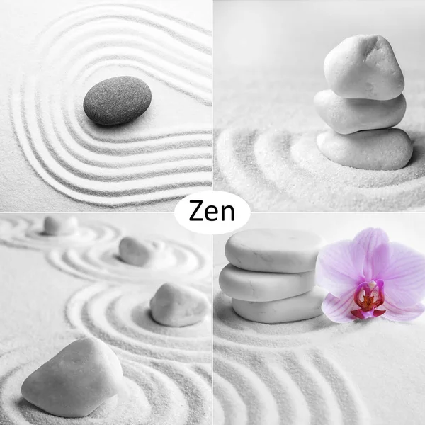 Collage Mit Fotos Von Steinen Auf Weißem Sand Zen Und — Stockfoto