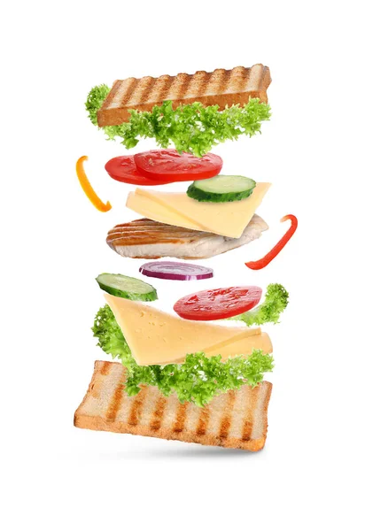 Leckeres Sandwich Mit Geröstetem Brot Auf Weißem Hintergrund — Stockfoto