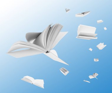 Açık mavi arka planda uçan birçok ciltli kitap