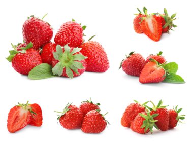 Beyaz arka planda olgun çilekler.