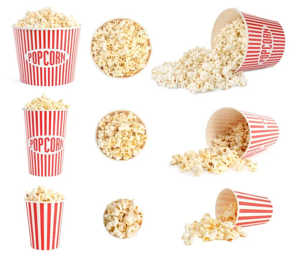 Set Mit Eimern Mit Leckerem Popcorn Auf Weißem Hintergrund — Stockfoto