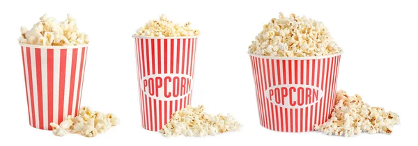 Set Met Emmers Lekkere Popcorn Witte Achtergrond Banner Ontwerp — Stockfoto