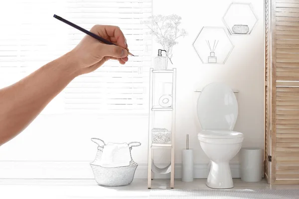 Man Drawing Bathroom Interior Design Combination Photo Sketch — Stock Photo, Image