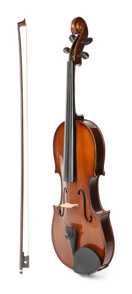 美しい古典的なバイオリンと白い背景に弓 — ストック写真